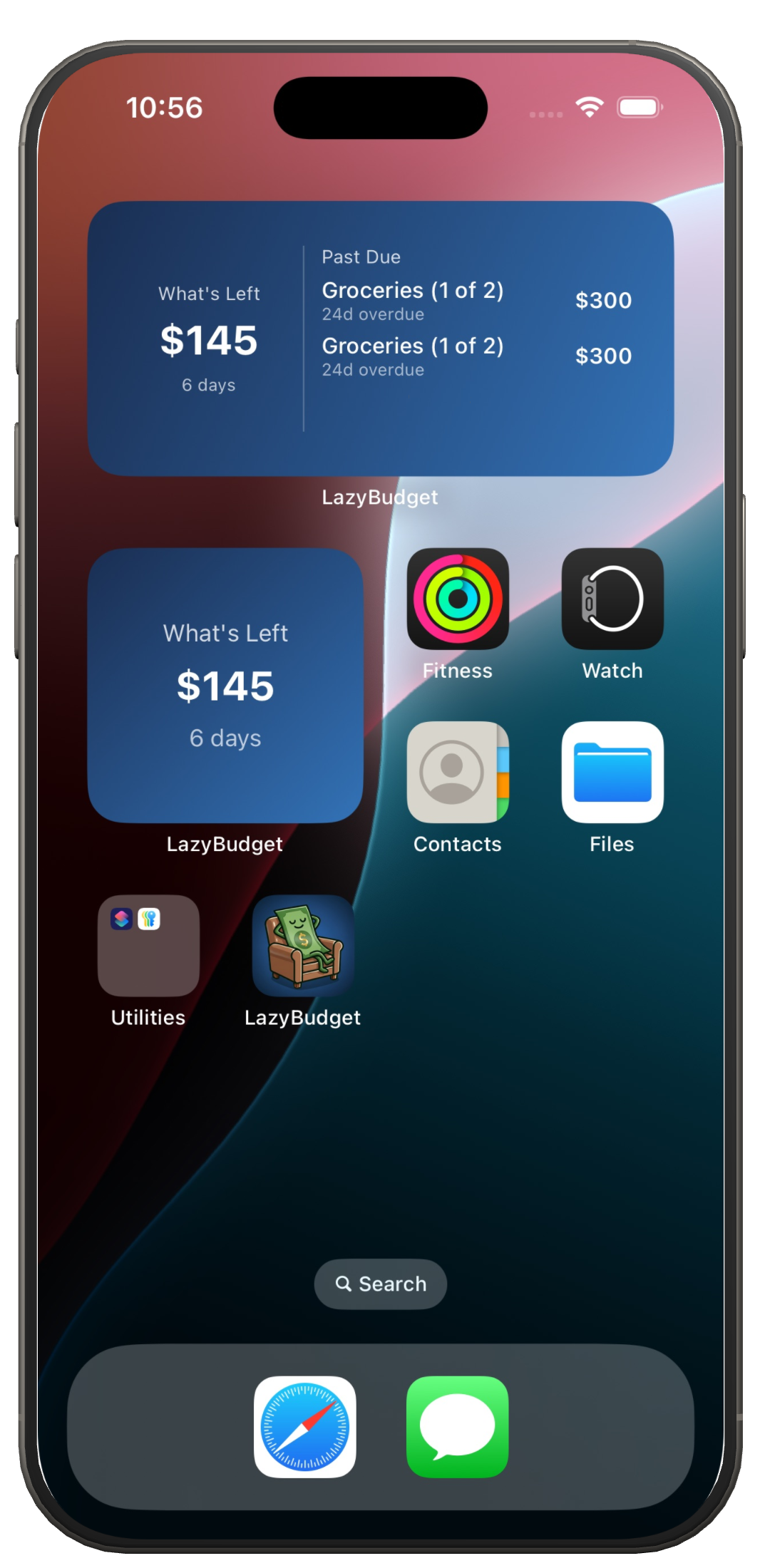 iPhone home screen with LazyBudget widget showing What's Left