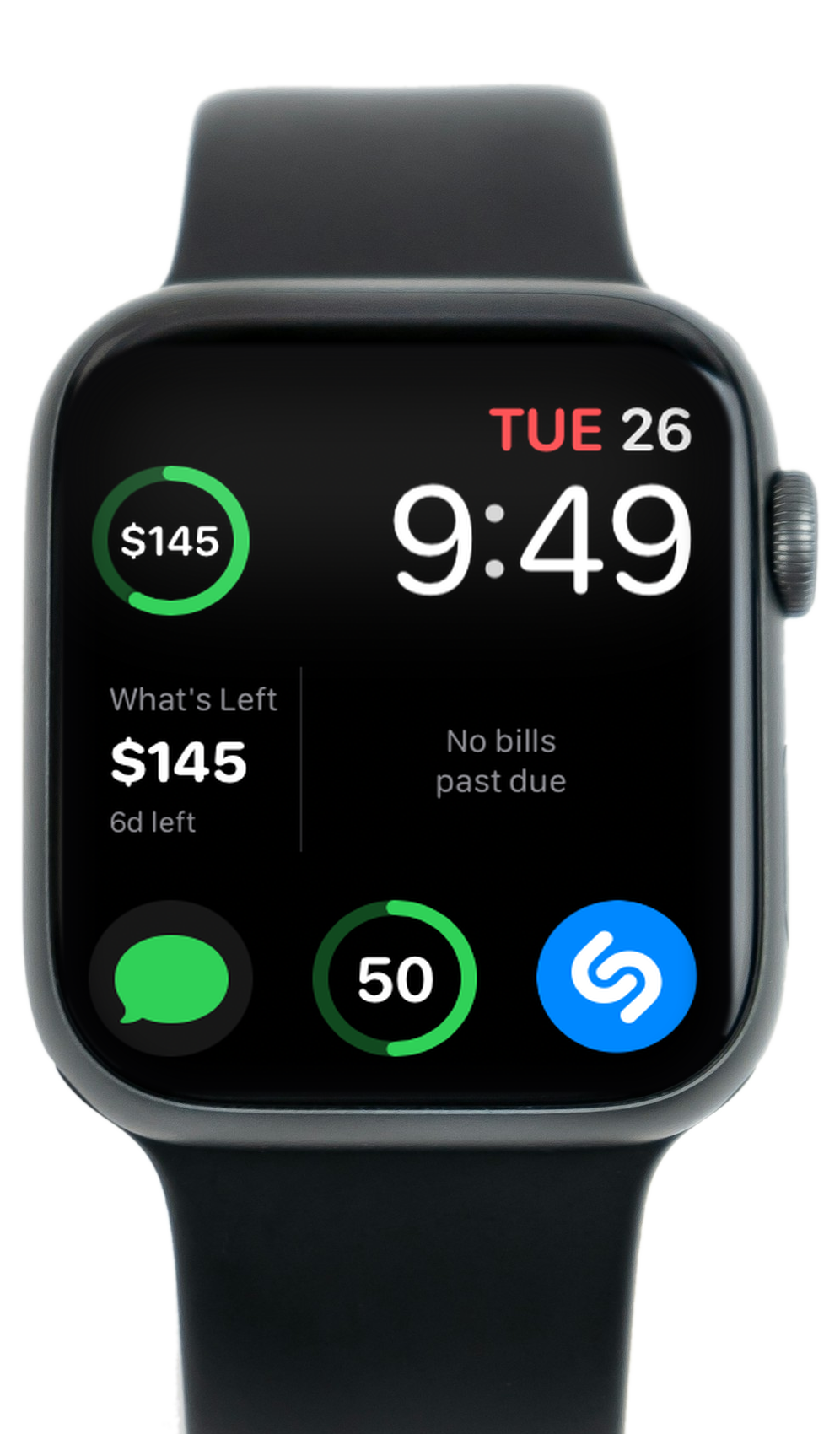 Apple Watch showing the LazyBudget What's Left complication with $145 and 6 days left
